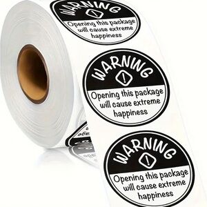 500pcs 1 Roll "Warning Happiness Inside” Sticker Black And White Label Round NIP